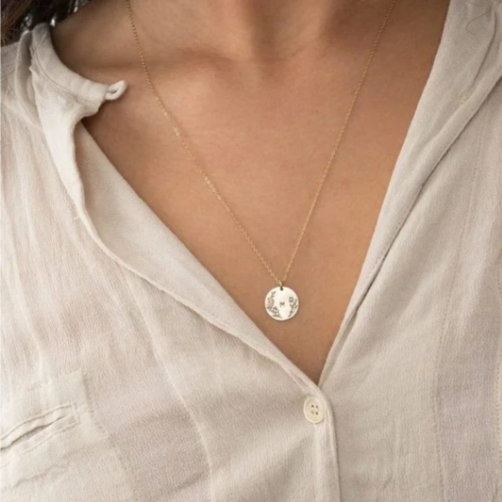 Floral Letter M Initial Dainty Silver/Gold Floral Engraved Boho/Indie Necklace - Picture 10 of 16
